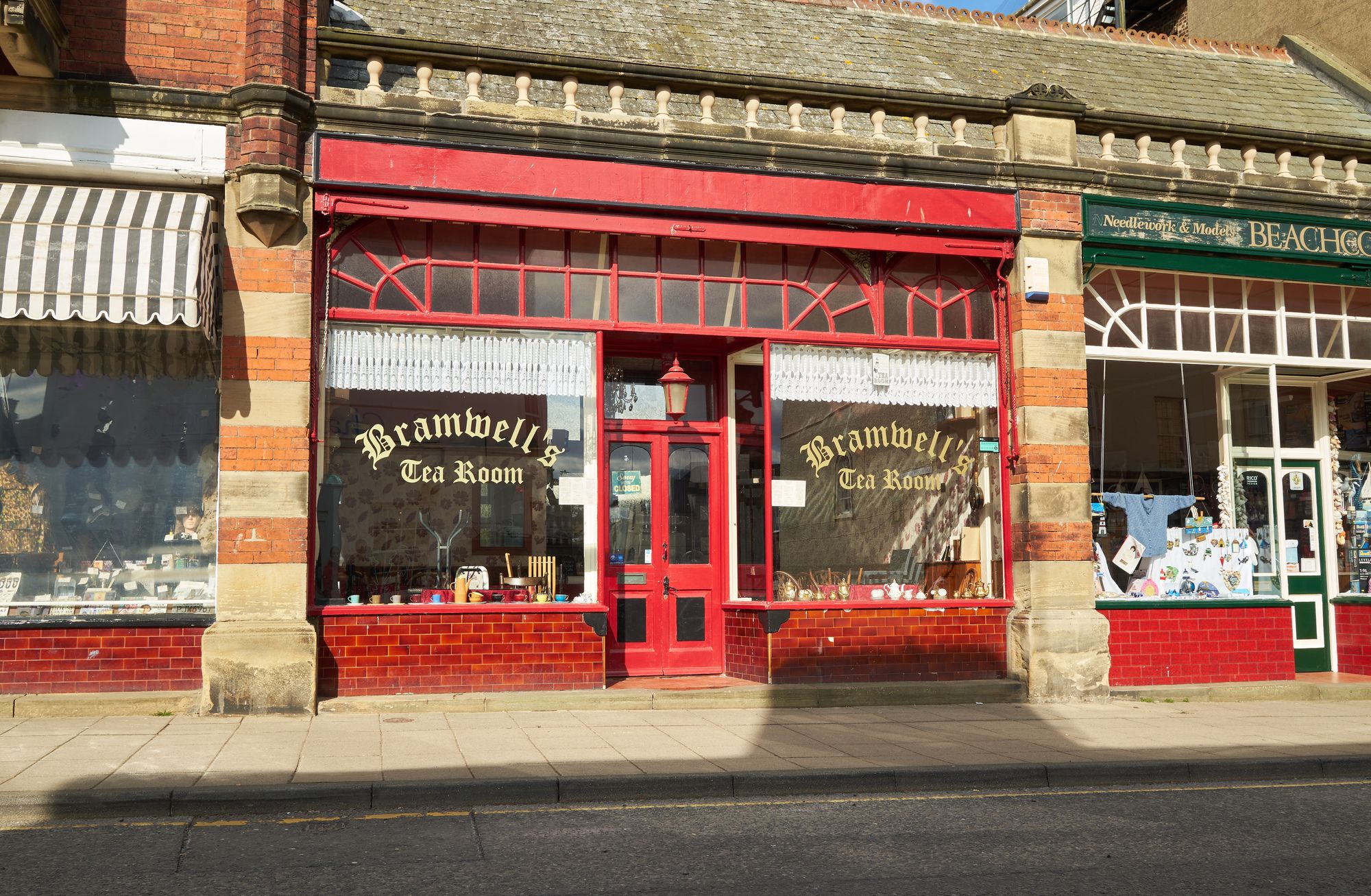 Small red cafe called Bramwell's Tea Room in Filey