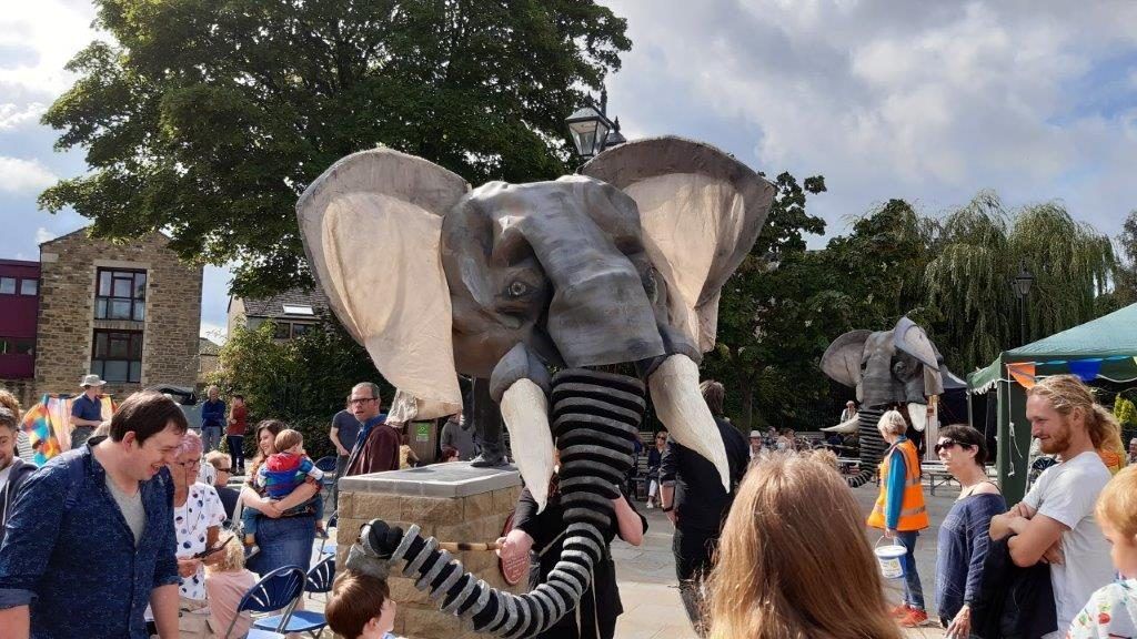 Large elephant puppet at the Skipton Puppet Festival