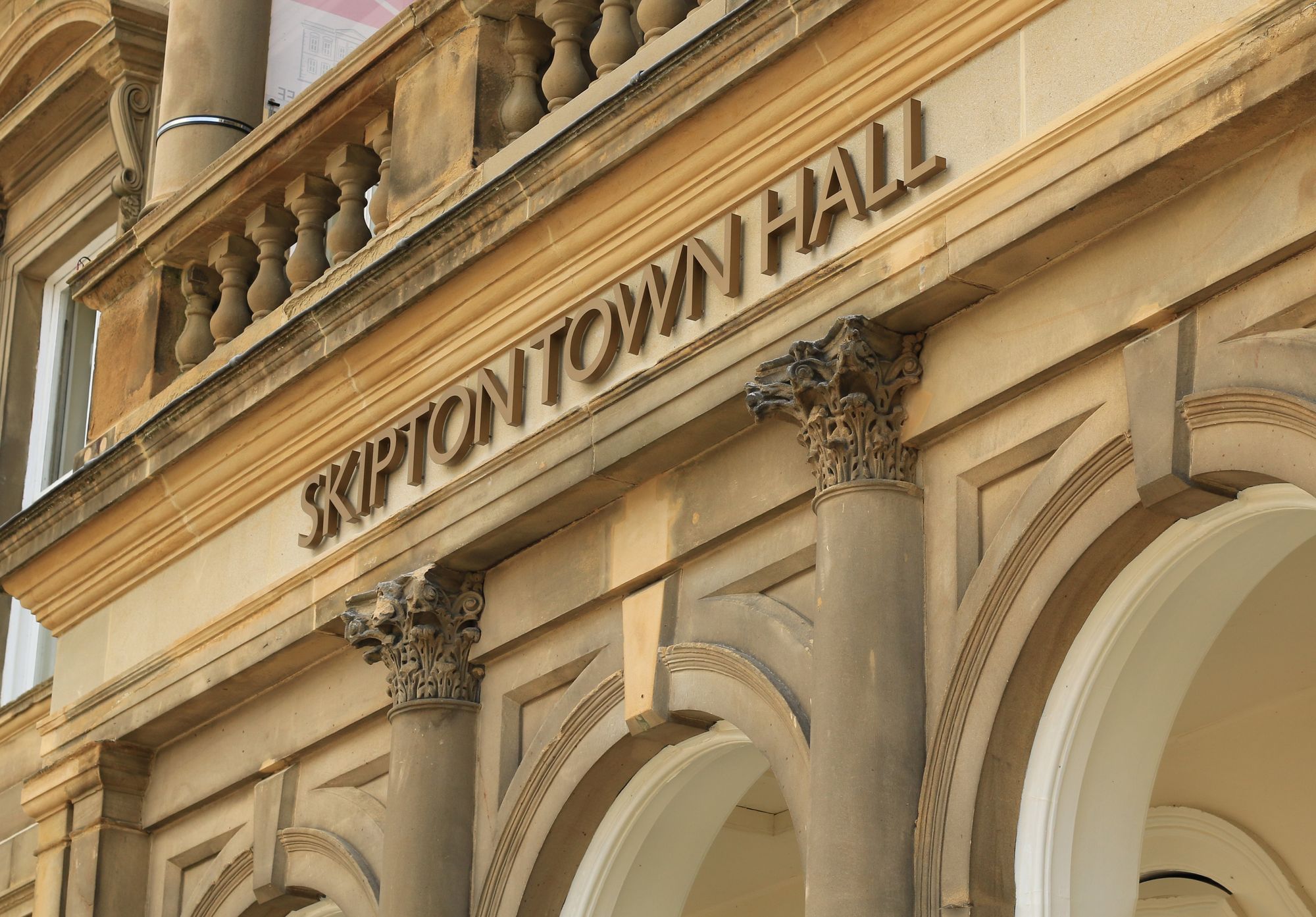 Close up of Skipton Town Hall's front & unique architecture